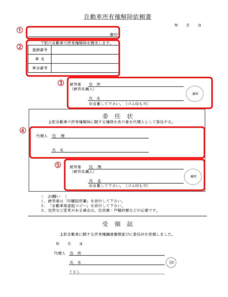 自動車所有権解除依頼書