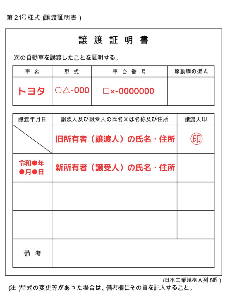 譲渡証明書(車の名義変更用)